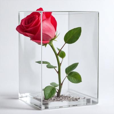 The primary subject of the image is a single red rose in a glass case. The rose is placed in a small vase, and the glass case provides a protective and decorative environment for the flower. The setting is a white background, which highlights the rose and the glass case. The visual style is a close-up of the rose, emphasizing its beauty and delicate nature. The colors are predominantly red, which represents the rose's color, and the overall atmosphere is elegant and sophisticated.
